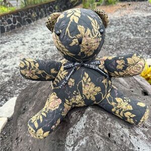 Americana by Sharif Quilted Fabric Teddy Bear Black with gold rose floral print